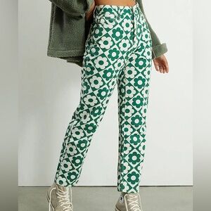 NWT Size 28 Pacsun Green & White Daisy Check High Waisted Straight Leg Jean